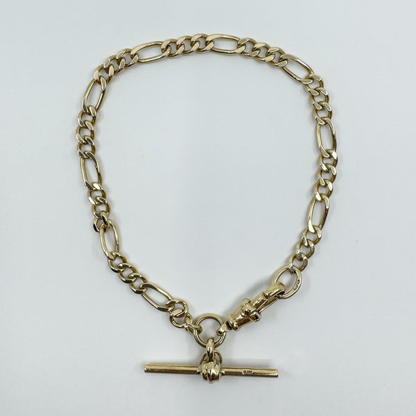 Vintage 9ct Gold Figaro Links with Dog Clip & T-Bar Charm 7.8” Bracelet 375 9.5g