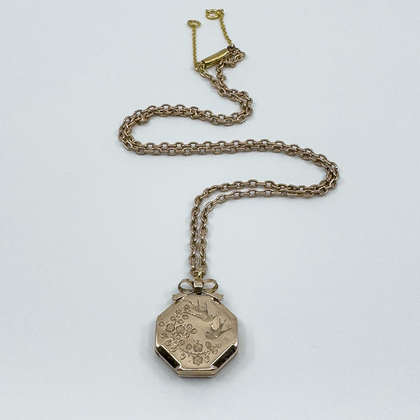 Vintage 9ct Rose Gold Swallow Engraved Photo Locket & 19" Chain / Necklace 375