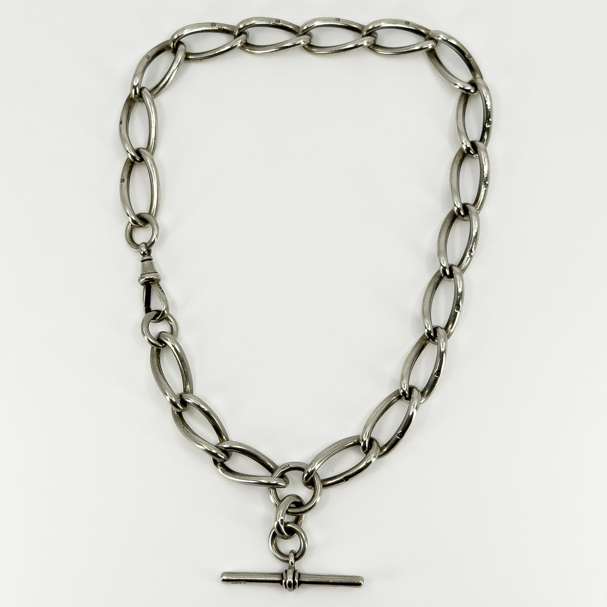 Chunky Antique Sterling Silver Oval Link 15” Albert Chain / Necklace & T-Bar 925