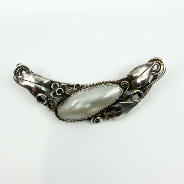 Large Arts & Crafts Sterling Silver Vintage Floral Mother of Pearl Brooch 925