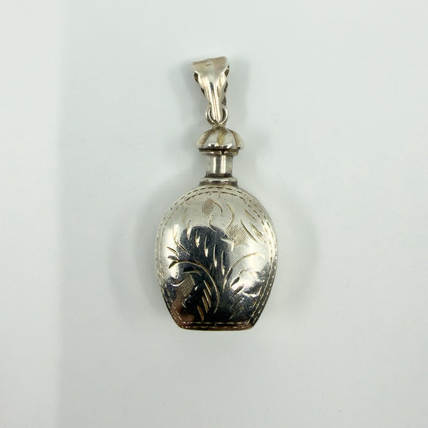 Chunky Sterling Silver Vintage Perfume / Poison Bottle Engraved Pendant 925