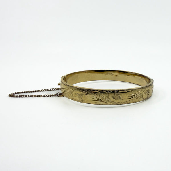 Vintage Rolled Gold Oval Foliate Engraved Hinged Bangle / Bracelet