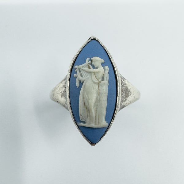 Vintage Sterling Silver Wedgewood Blue Jasper Ware Cameo Ring 925 Size K - L