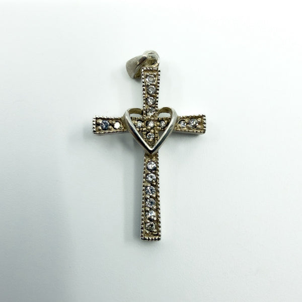 Sterling Silver CZ Christian Cross & Heart Pendant / Charm 925