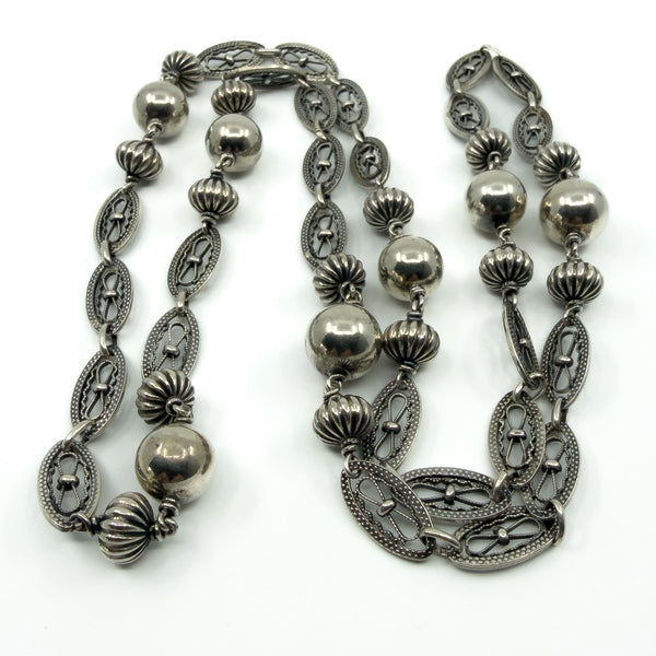 Antique 800 Silver Beaded Ball Ornate Fancy Link 30" Chain / Necklace