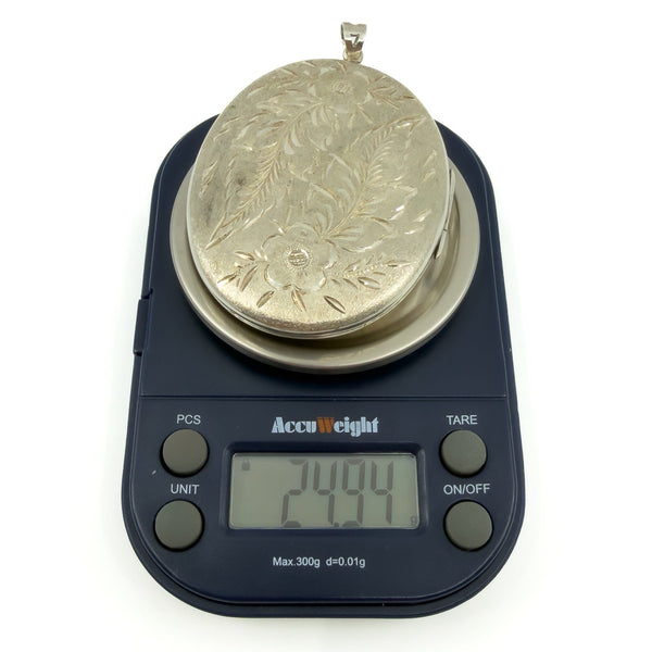 Large Vintage Sterling Silver Oval Floral Engraved Locket 925 (Birm 1973)