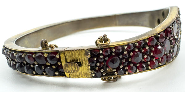 Antique Silver Gilt Bohemian Rose & Flat Cut Garnet Hinged Bangle / Bracelet