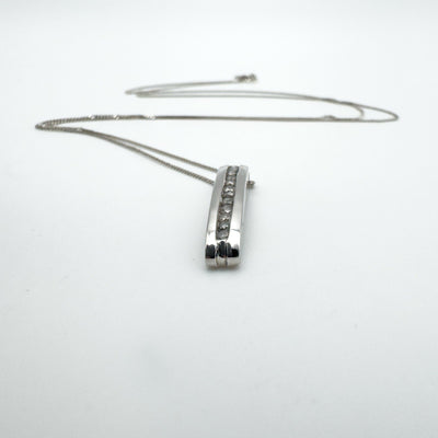 9ct White Gold 0.12ct Diamond Bar Drop Pendant & 18” Curb Chain