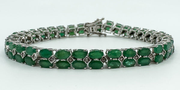 Sterling Silver Natural 16.50ct Emerald & Diamond Double Row Tennis Bracelet 925