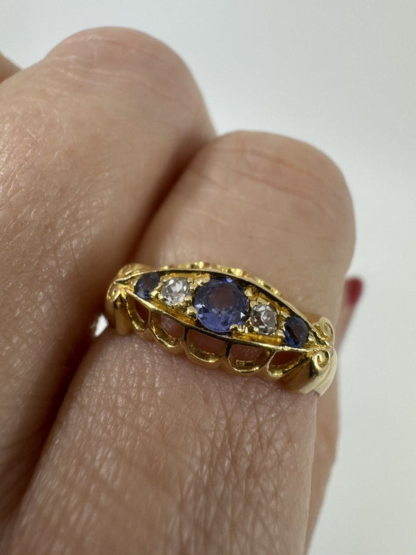 Antique 18ct Gold Diamond & Sapphire Boat Ring 750 Size M - N
