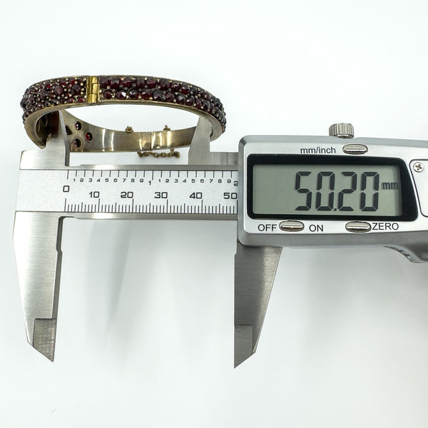 Antique Silver Gilt Bohemian Rose & Flat Cut Garnet Hinged Bangle / Bracelet