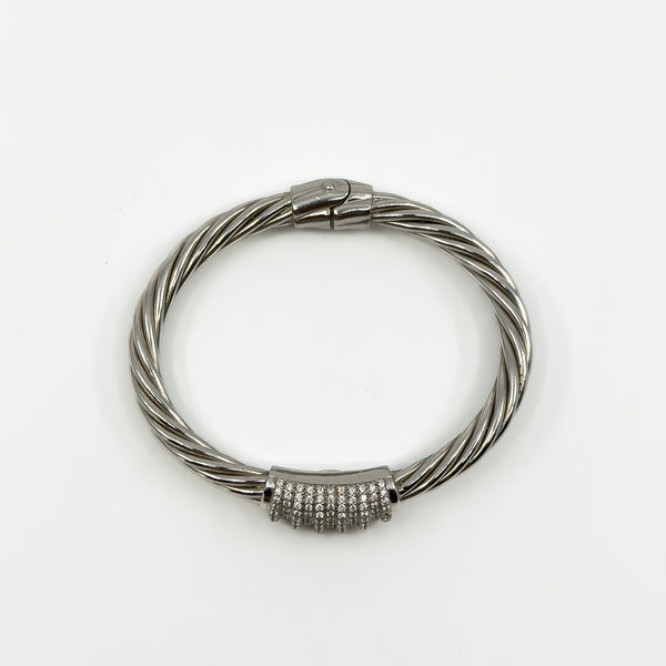 Chunky Twisted Sterling Silver CZ Oval Bangle / Bracelet 925