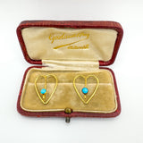 Antique 9ct Gold Turquoise Cufflinks or Collar Clips with Original Box