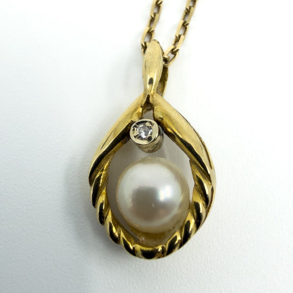 Vintage 9ct Gold 6mm Pearl & Diamond Pendant & 18” Chain Necklace 375 (1980)