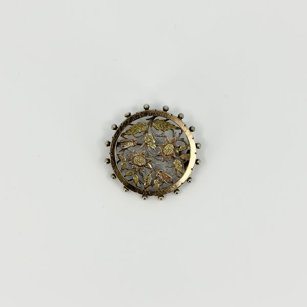 Antique Victorian Aesthetic Sterling Silver Yellow & Rose Gold Floral Brooch 925