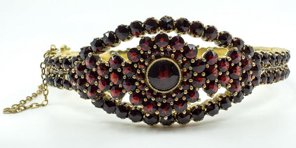 Large Antique Silver Gilt Bohemian Rose Cut Garnet Hinged Bangle / Bracelet 900