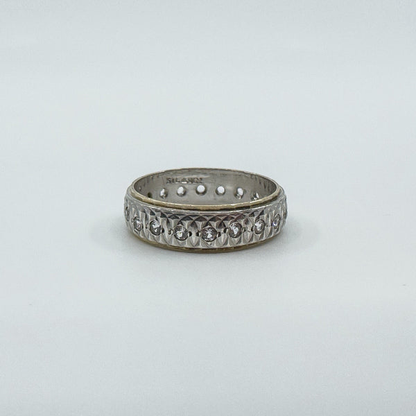 Vintage 9ct Gold & Silver White Spinel Engraved Full Eternity Band Ring Size N