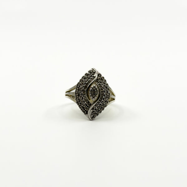 Sterling Silver Natural Diamond Navette Cocktail Ring 925 Size N - O
