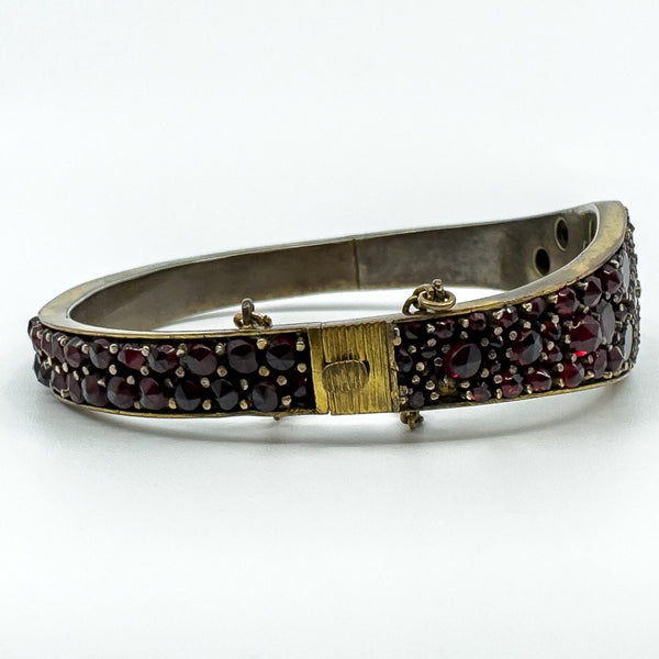 Antique Silver Gilt Bohemian Rose & Flat Cut Garnet Hinged Bangle / Bracelet