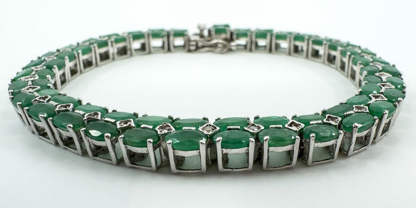 Sterling Silver Natural 16.50ct Emerald & Diamond Double Row Tennis Bracelet 925