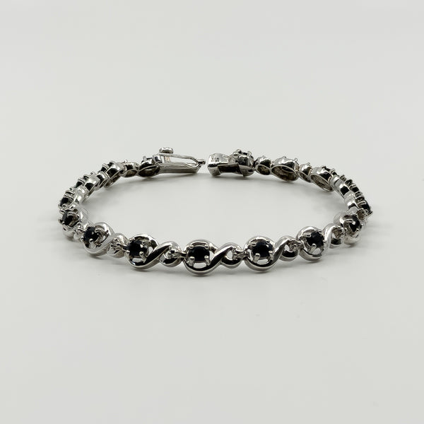 Sterling Silver Natural Sapphire & Diamond Tennis 7.5" Bracelet 925