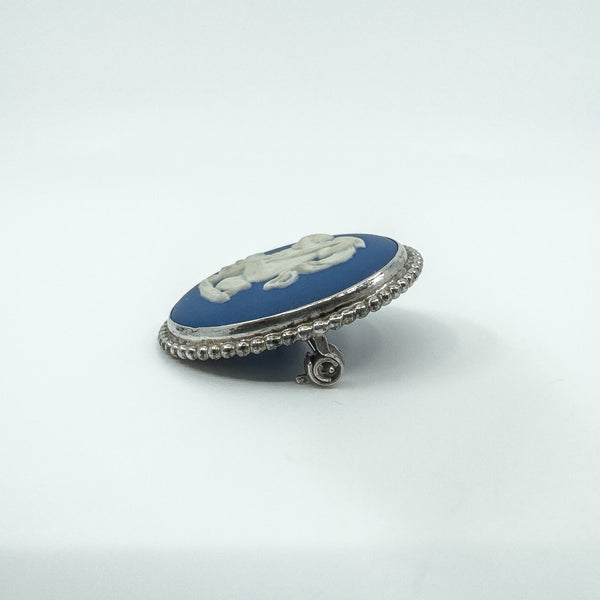 Vintage Sterling Silver Wedgewood Cupid Cherub Blue Jasper Ware Cameo Brooch 925