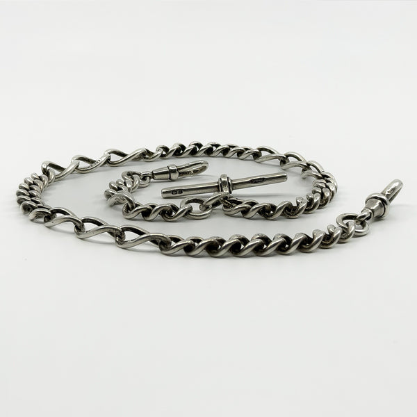 Antique 1899 Sterling Silver Fancy Figaro Link 16” Albert Chain & T-Bar 925