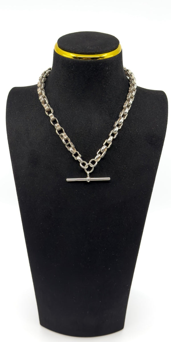 Antique Sterling Silver Chunky Fancy Link 15.5” Albert Chain & T-Bar 925