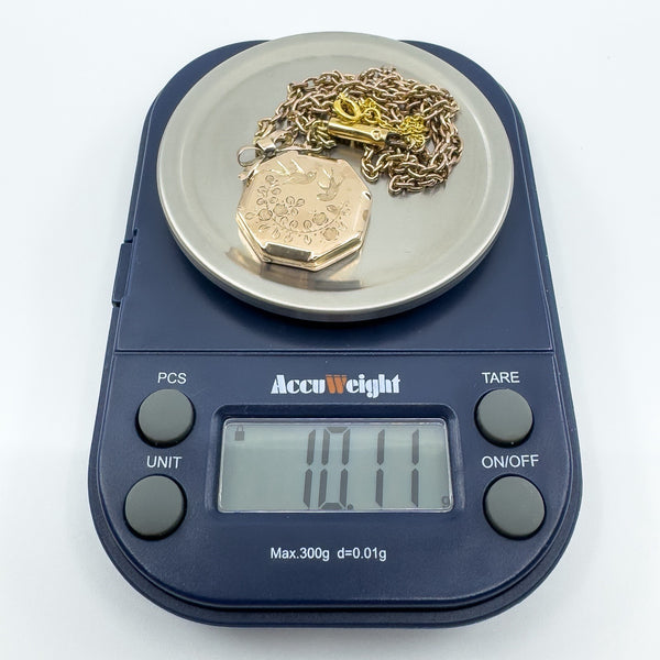 Vintage 9ct Rose Gold Swallow Engraved Photo Locket & 19" Chain / Necklace 375