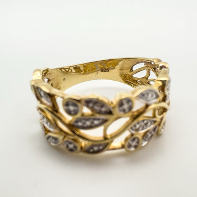 Vermeil Diamond Floral Band Leaf Ring in Sterling Silver 925 Size R - S Eternity