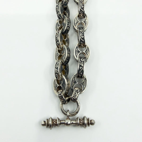 Vintage Sterling Silver Chunky Fancy Link Engraved 25” Chain & T-Bar 925 135g