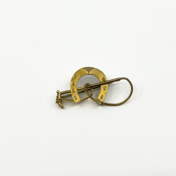 Antique Victorian 9ct Gold Lucky Horseshoe & Crop Brooch 375 (Chester 1891)