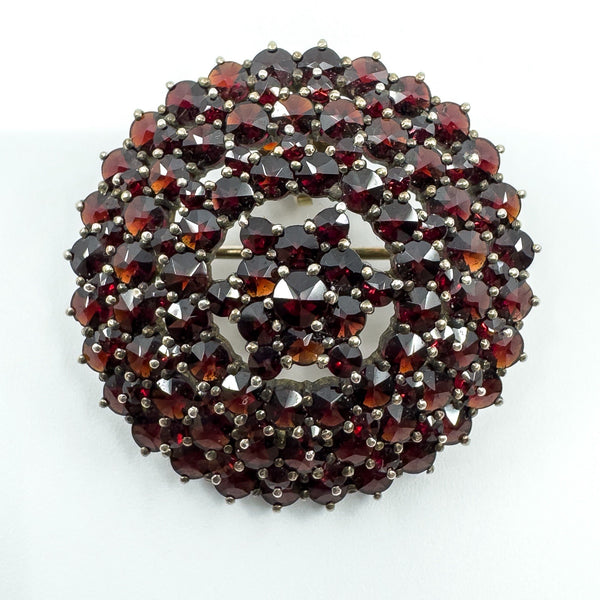Large Antique Silver Gilt Bohemian Rose Cut Garnet Tiered Brooch / Pendant