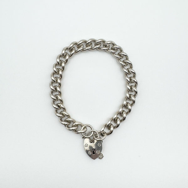 Vintage Sterling Silver Curb Links Bracelet & Heart Padlock 925 Heavy 33g