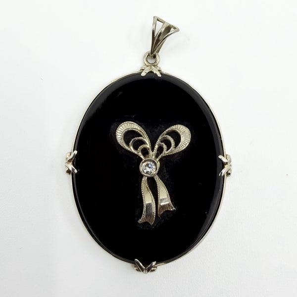 Large Vinatge 14ct White Gold Black Onyx & Diamond Bow Pendant 585