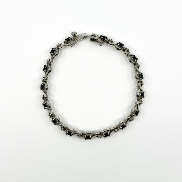 Sterling Silver Natural Sapphire & Diamond Tennis 7.5" Bracelet 925