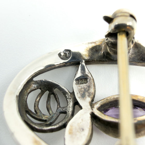 Vintage Sterling Silver Amethyst Oval Rose & Vine Brooch 925