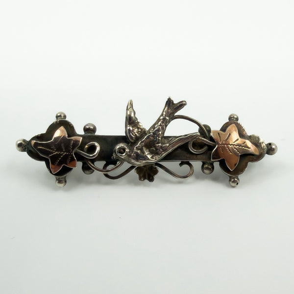 Antique Victorian Sterling Silver & Rose Gold Swallow & Ivy Brooch 925 Birm 1901
