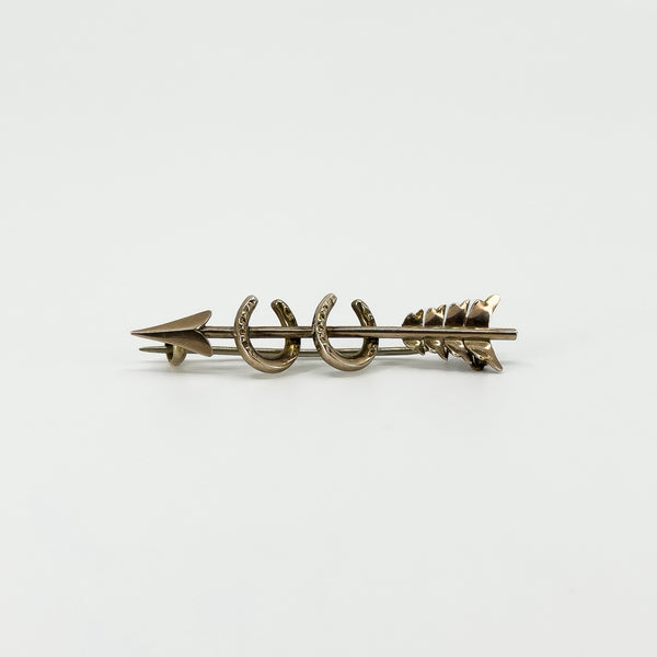 Antique Victorian 9ct Rose Gold Double Lucky Horseshoe & Arrow Brooch 375