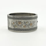 Wide Antique 1885 Victorian Sterling Silver & Gold Engraved Floral Bangle 925