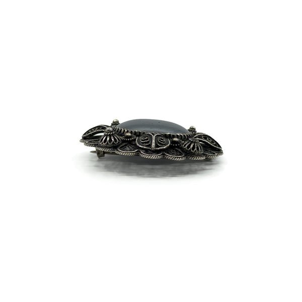 Large Vintage Sterling Silver Filigree Hematite Brooch 925