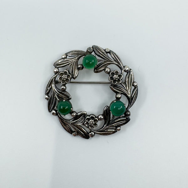 Large Vintage Sterling Silver Floral Green Chalcedony Brooch 925 Bernard Instone