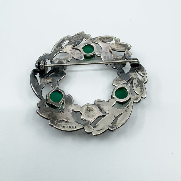 Large Vintage Sterling Silver Floral Green Chalcedony Brooch 925 Bernard Instone