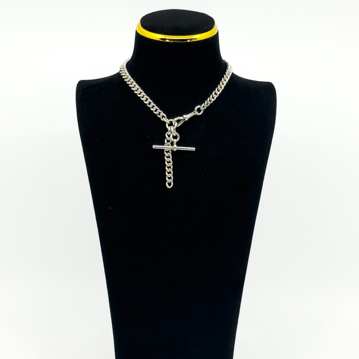 Antique 1899 Sterling Silver 14.5" Albert Curb Chain & T-Bar Pendant 925