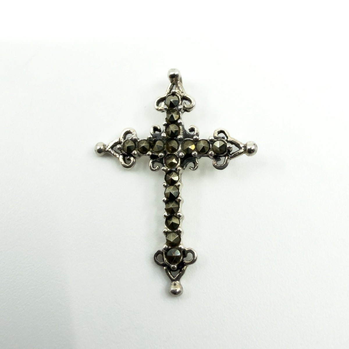 Vintage Sterling Silver Ornate Christian Cross Marcasite Pendant / Charm 925