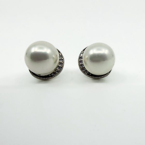 New & Unworn Chunky Sterling Silver White Pearl & CZ Stud Earrings 925