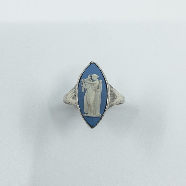 Vintage Sterling Silver Wedgewood Blue Jasper Ware Cameo Ring 925 Size K - L