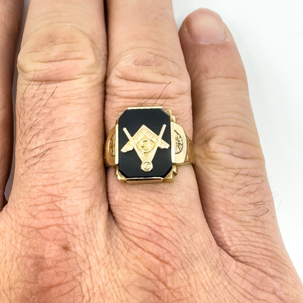 Vintage 10ct Gold Masonic Black Onyx Signet Ring 375 Size V - W intial G