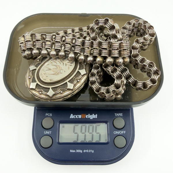 Large Antique Victorian Sterling Silver Reversible Locket & 18.5" Book Chain 925