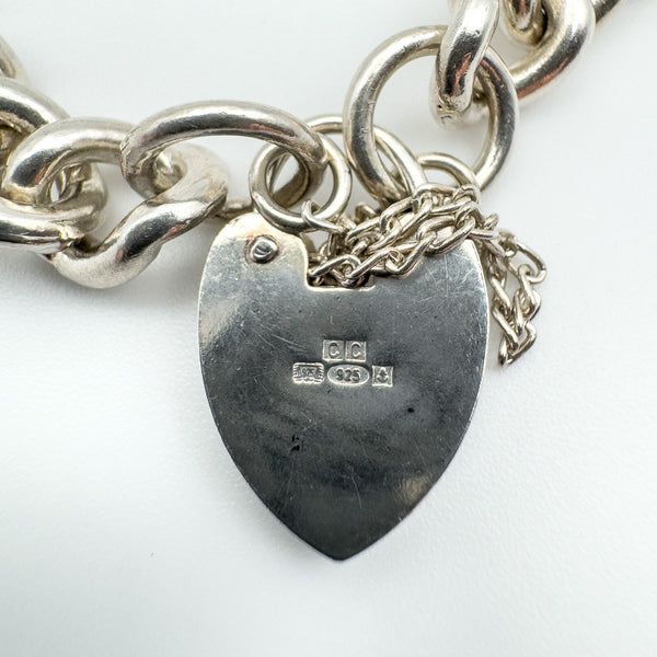 Vintage Sterling Silver Curb Links Bracelet & Heart Padlock 925 Heavy 33g